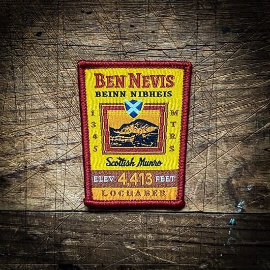 Forager Provisions LTD embroidered Ben Nevis Munro Series patch featuring a yellow background and mountain graphic