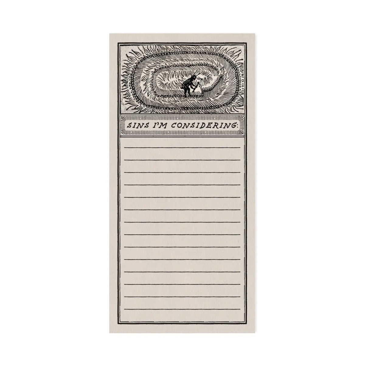 Forager Provisions LTD Betiobca Sins I’m Considering paper notepad with medieval-style illustration and lined pages.