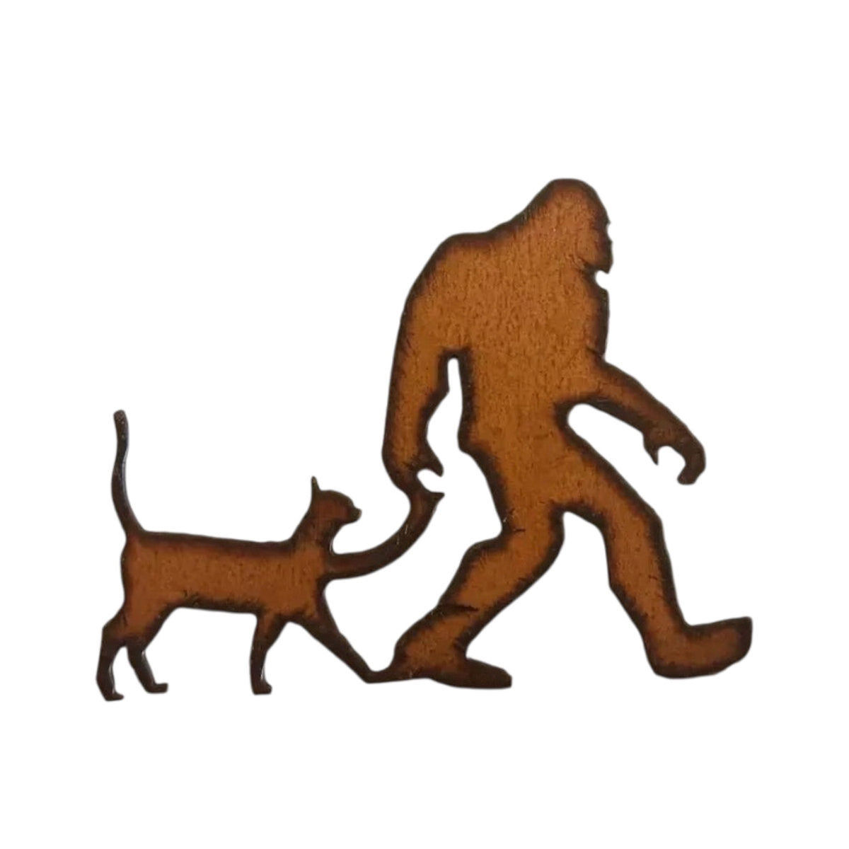 Forager Provisions LTD rustic steel Bigfoot magnet featuring a Sasquatch walking with a cat, handmade metal décor.