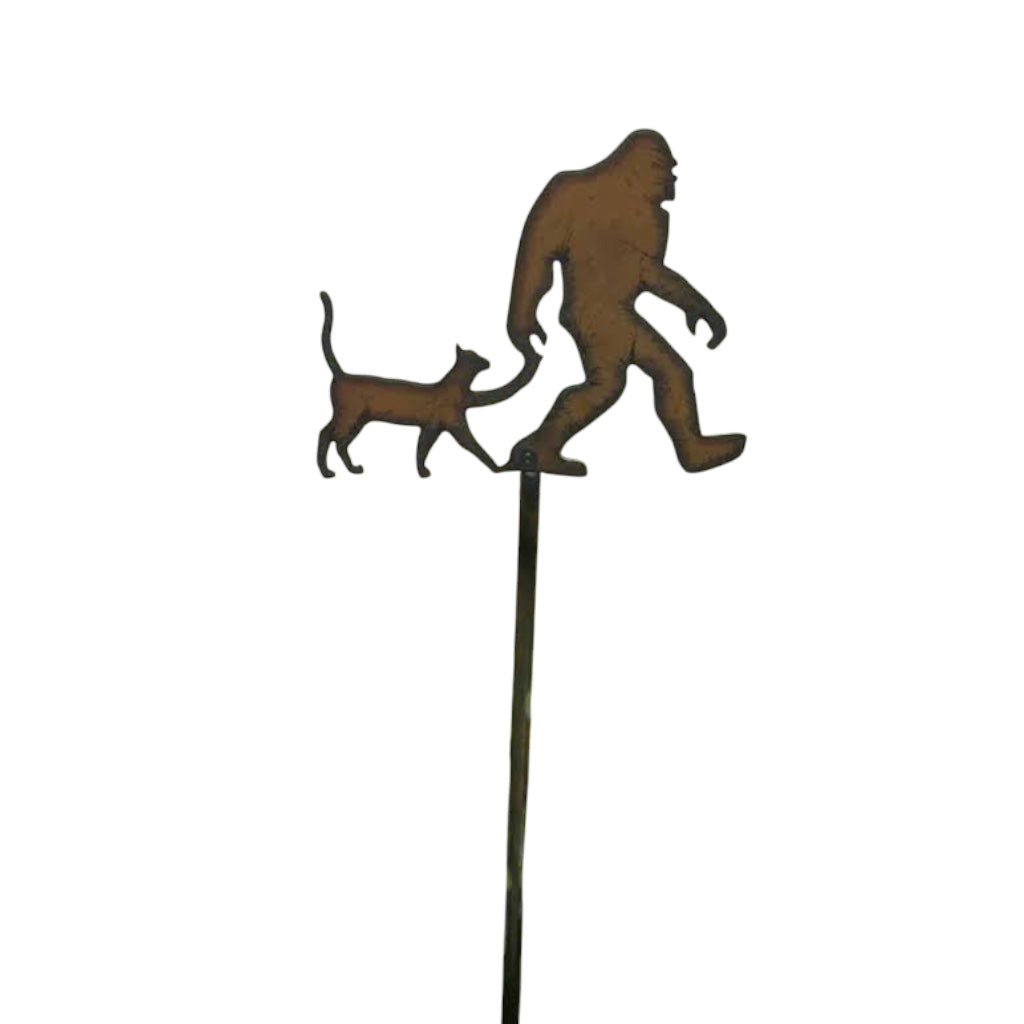 Forager Provisions LTD rustic steel plant stick featuring a silhouette of Bigfoot walking with a cat