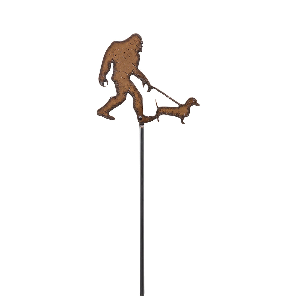 Forager Provisions LTD rustic steel plant stake featuring a silhouette of Bigfoot walking a dachshund on a leash.