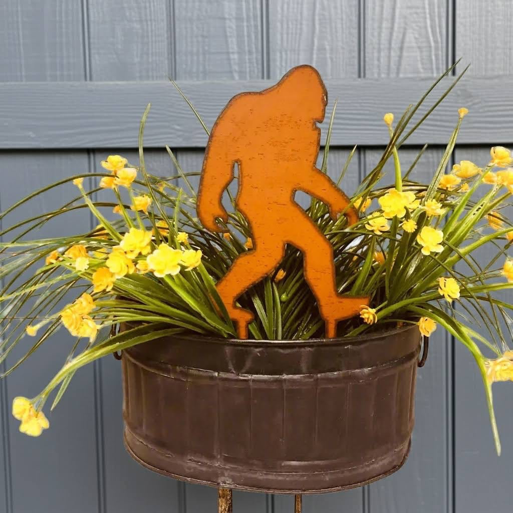 Forager Provisions LTD iron Bigfoot silhouette garden stake planter decoration in a rustic orange finish