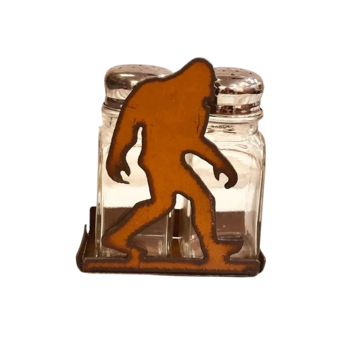 Forager Provisions LTD rustic steel Bigfoot salt and pepper shaker holder with two glass shakers