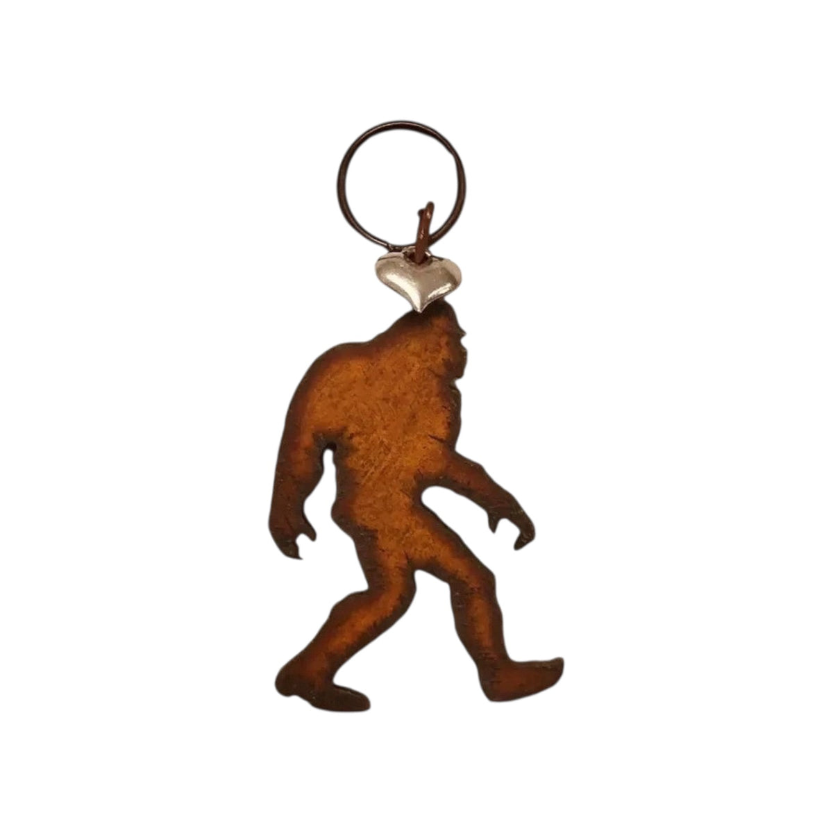 Forager Provisions LTD rustic steel Bigfoot silhouette keychain and rucksack charm with a small heart accent.