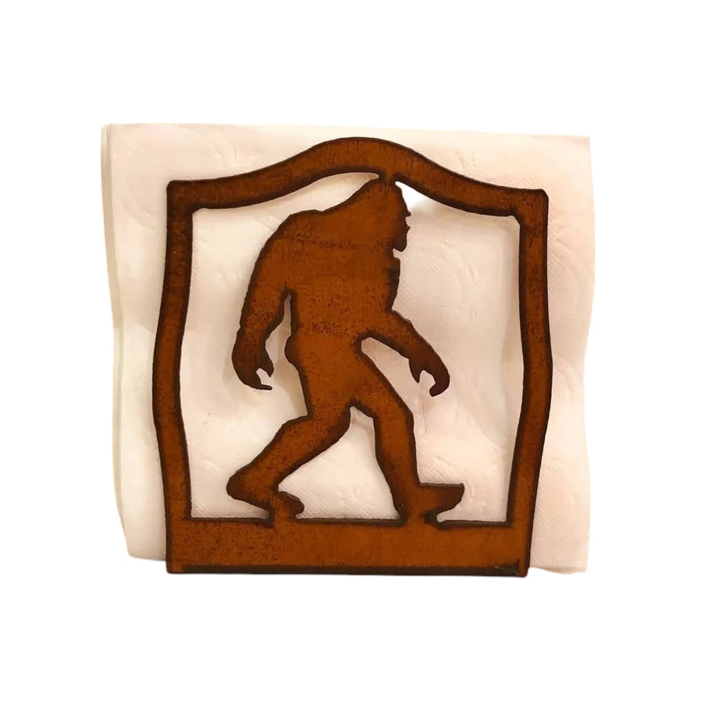 Forager Provisions LTD rustic steel napkin holder featuring a Bigfoot silhouette design for woodland kitchen decor.
