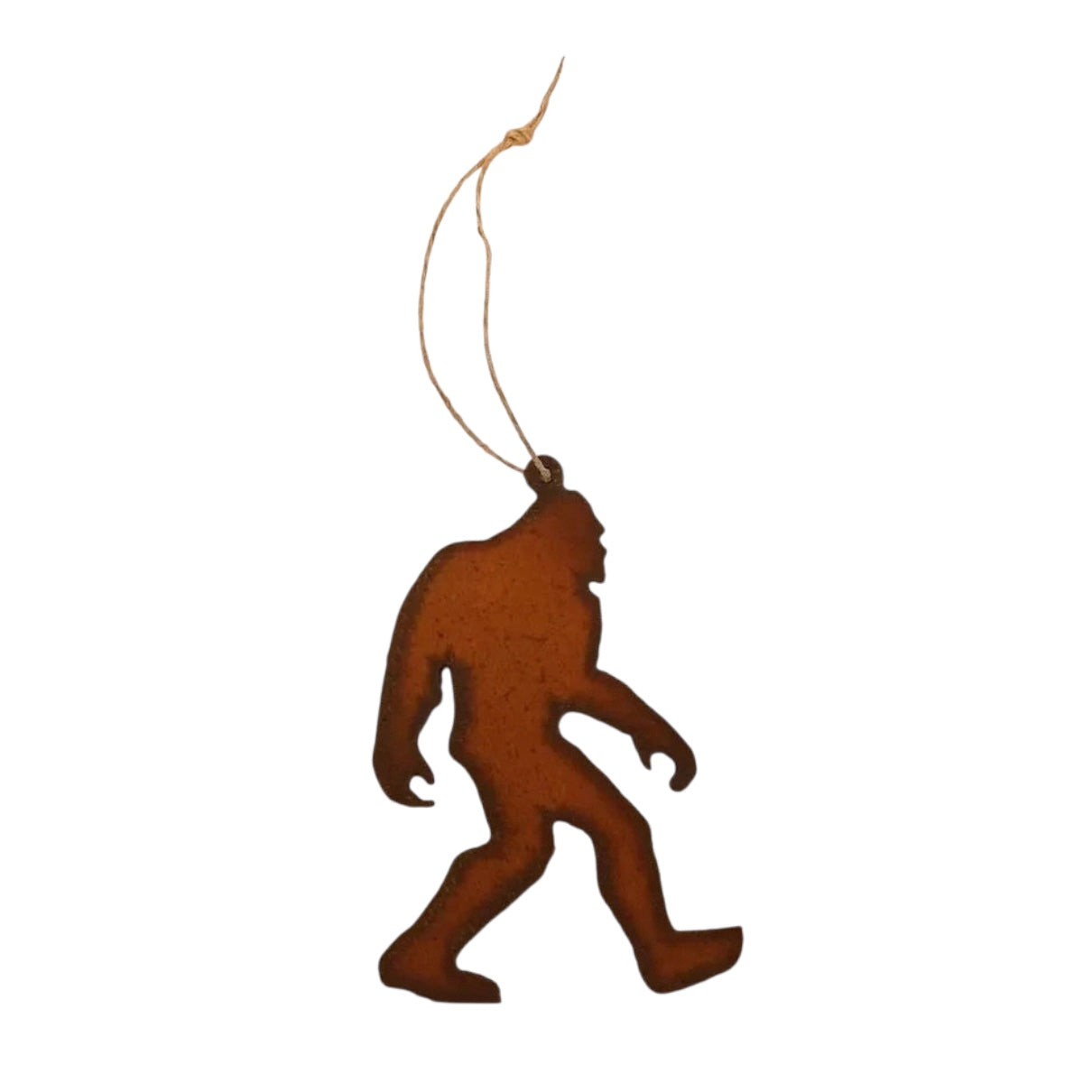 Forager Provisions LTD rustic steel Bigfoot silhouette hanging ornament in a classic walking pose with twine loop