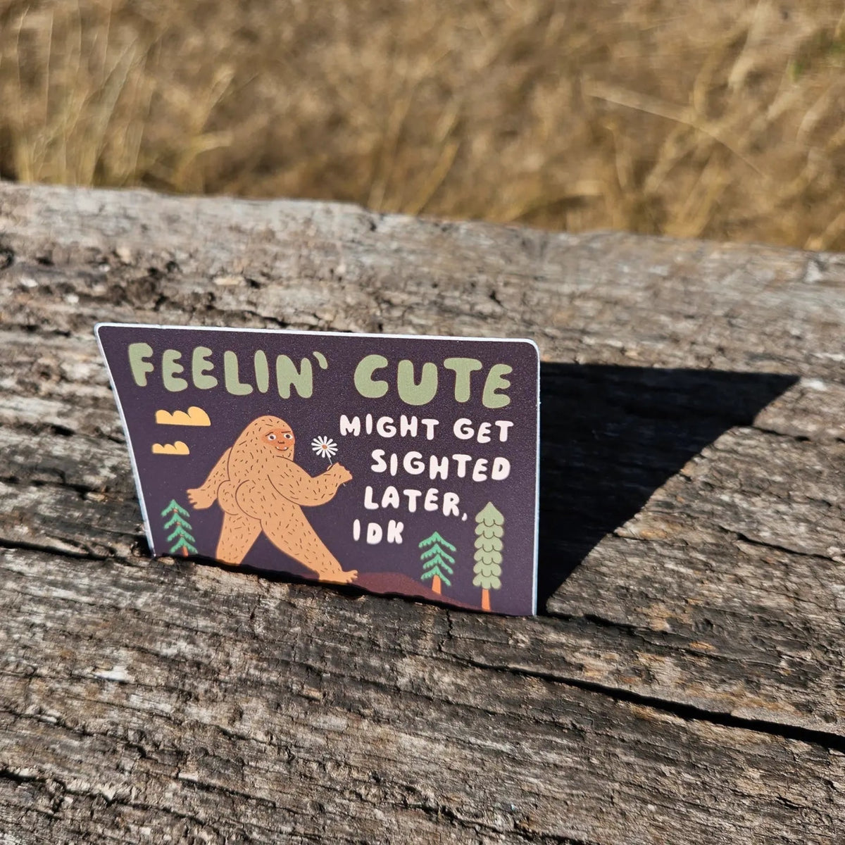 Forager Provisions LTD Betiobca sticker featuring a cute Bigfoot holding a flower with the text Feelin Cute Might Get Sighted Later IDK