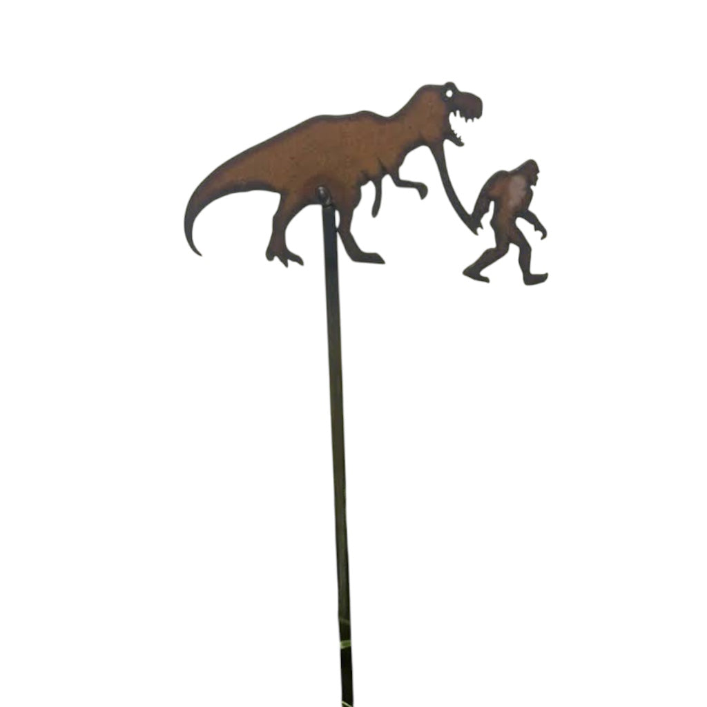 Forager Provisions LTD rustic steel plant stake featuring a silhouette of Bigfoot walking with a T-Rex dinosaur.