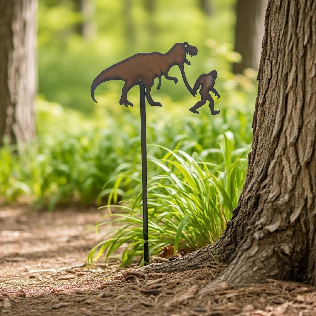 Forager Provisions LTD rustic steel plant stake featuring a silhouette of Bigfoot walking with a T-Rex in a garden.