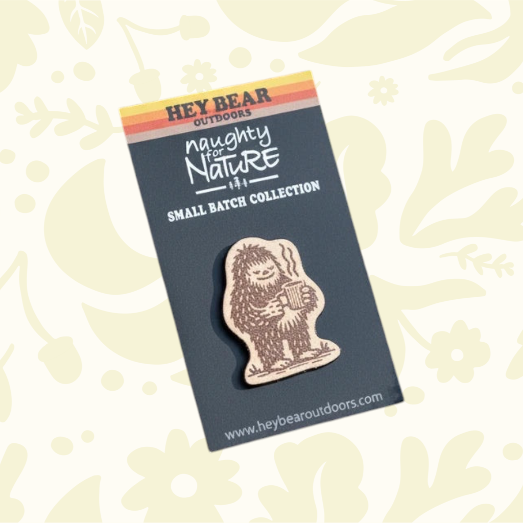 Forager Provisions LTD Hey Bear Outdoors Bigfoot wooden pin badge on a branded backing card.