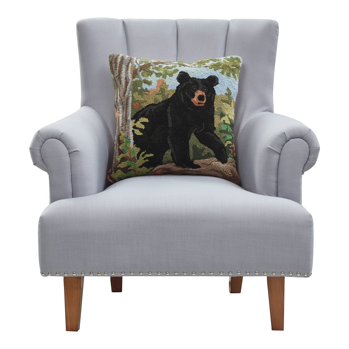 Forager Provisions LTD 18x18 inch wool hooked accent pillow featuring a black bear in a forest landscape