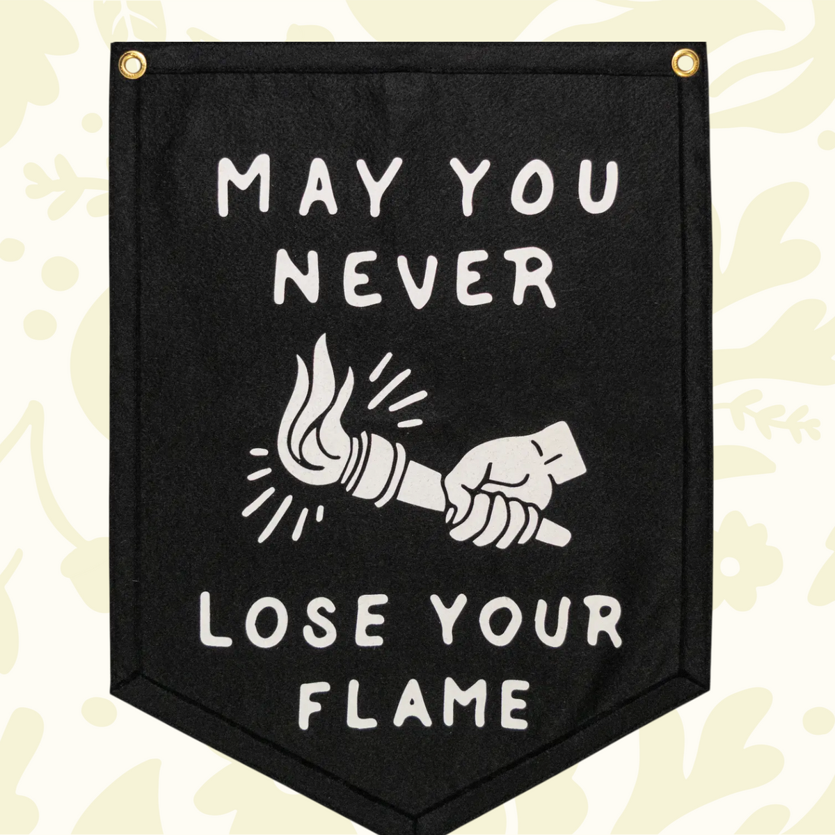 Forager Provisions LTD Oxford Pennant black felt camp flag with white May You Never Lose Your Flame torch graphic