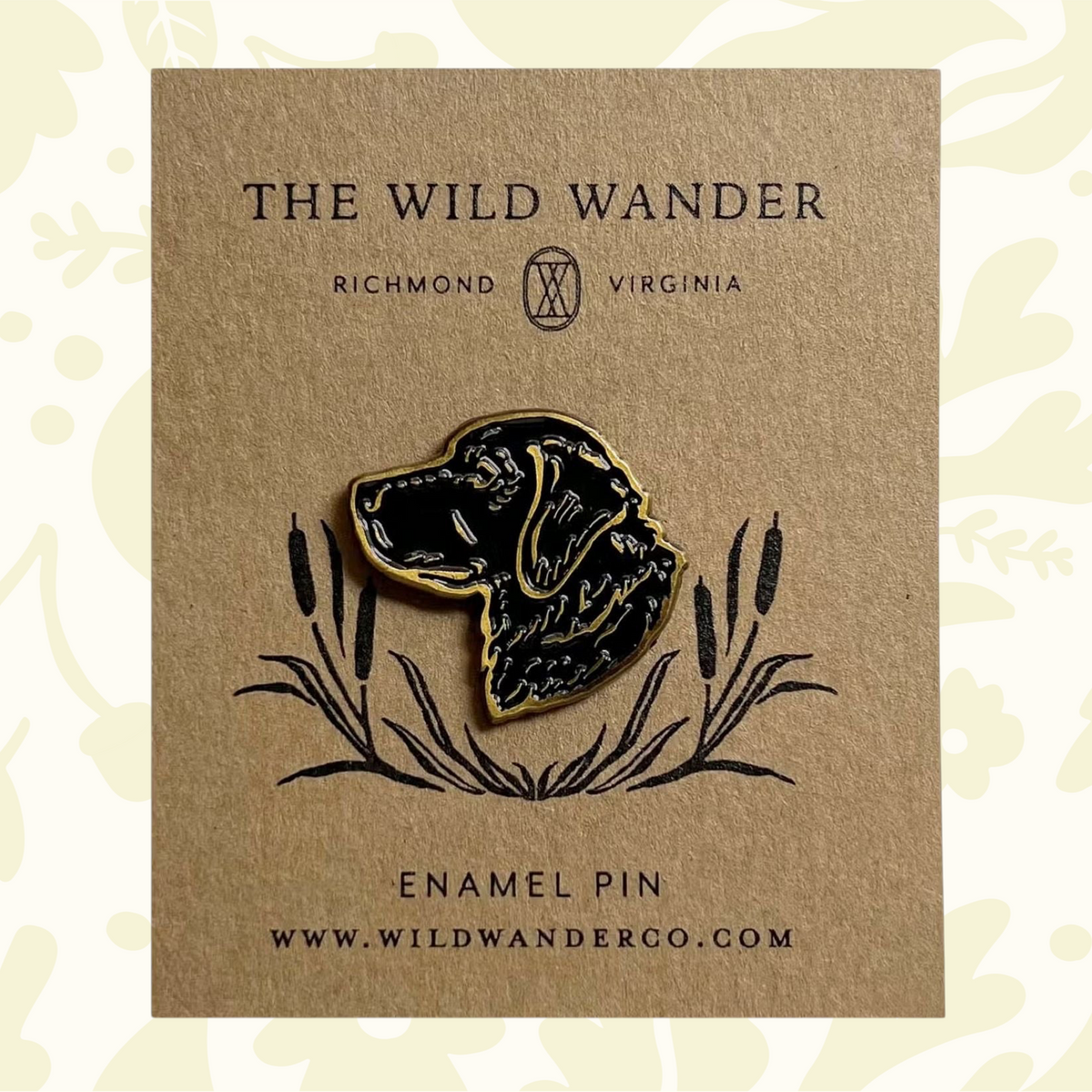 Black Lab enamel pin by The Wild Wander, custom illustrated on branded card, gift from Richmond VA, perfect for dog lovers.