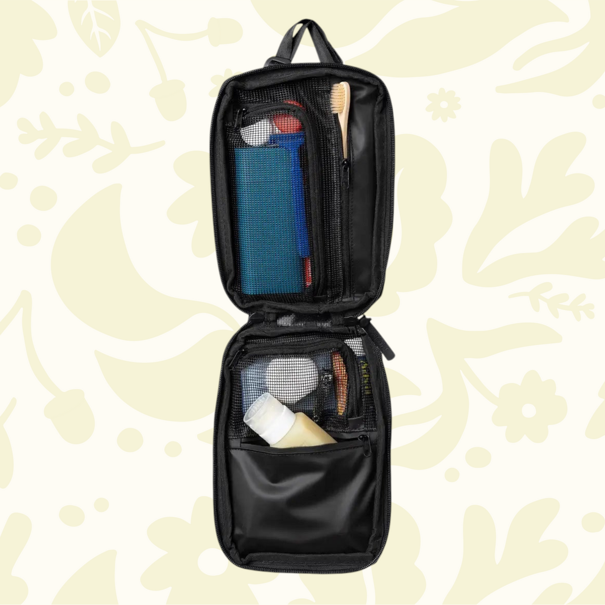 Forager Provisions LTD Gravel Outdoor black slim washbag open with organised mesh pockets and travel toiletries