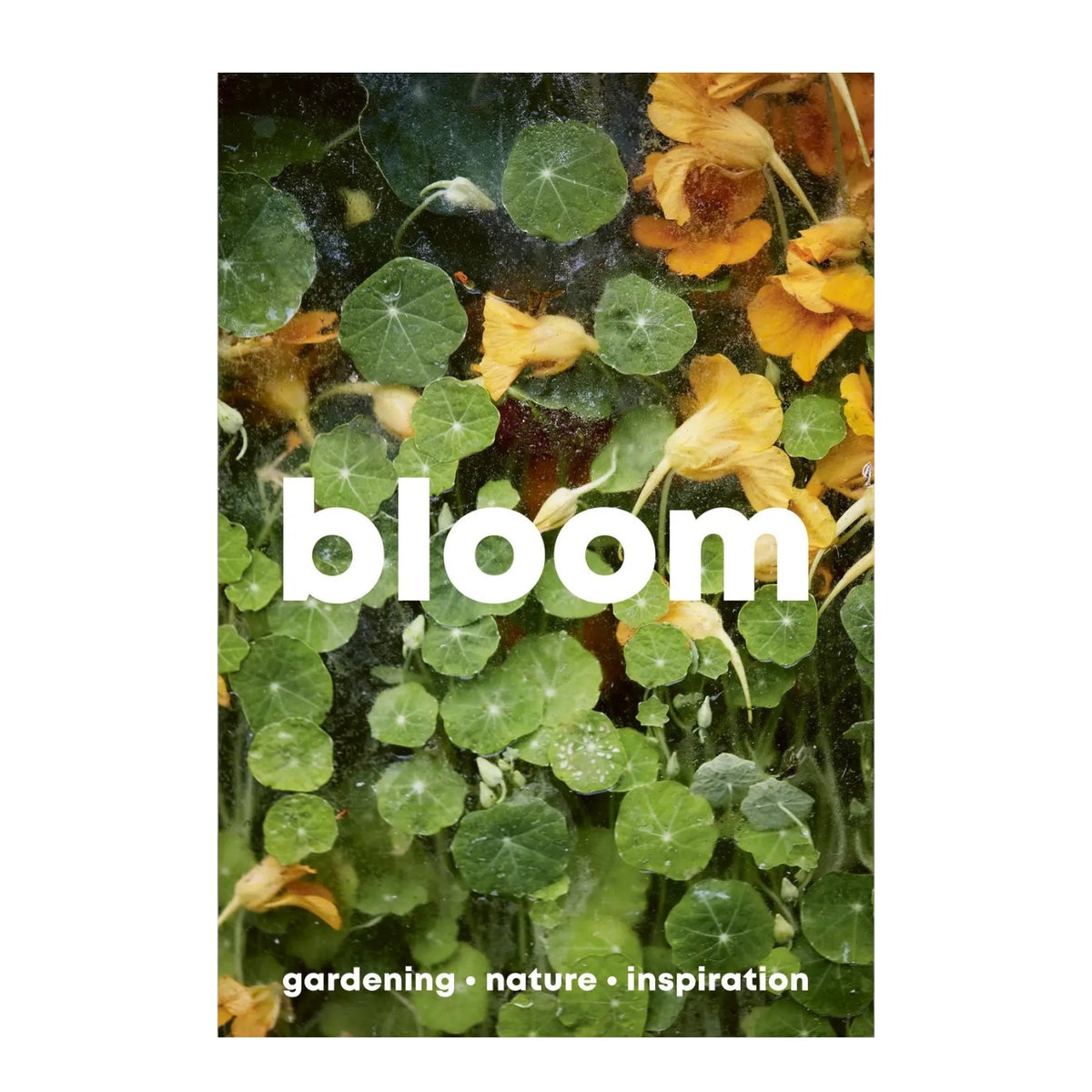 Forager Provisions LTD Bloom Zine Issue 15 cover featuring vibrant yellow nasturtium flowers and green leaves in water.
