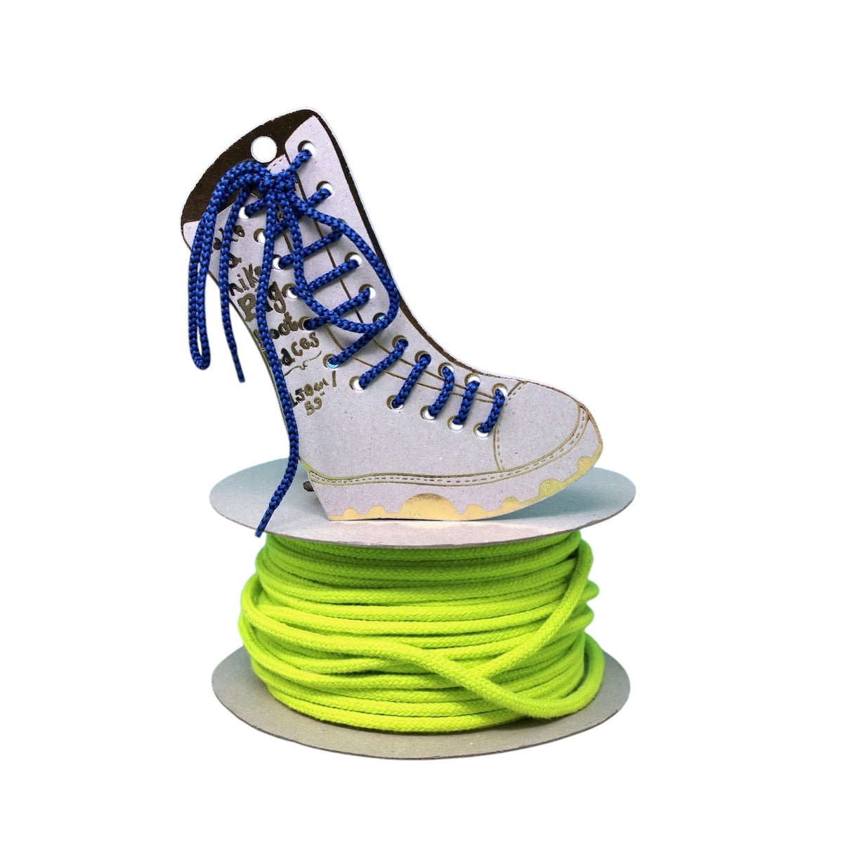 Forager Provisions LTD Ark Colour Design blue boot laces threaded through a cardboard boot display on a lime spool.