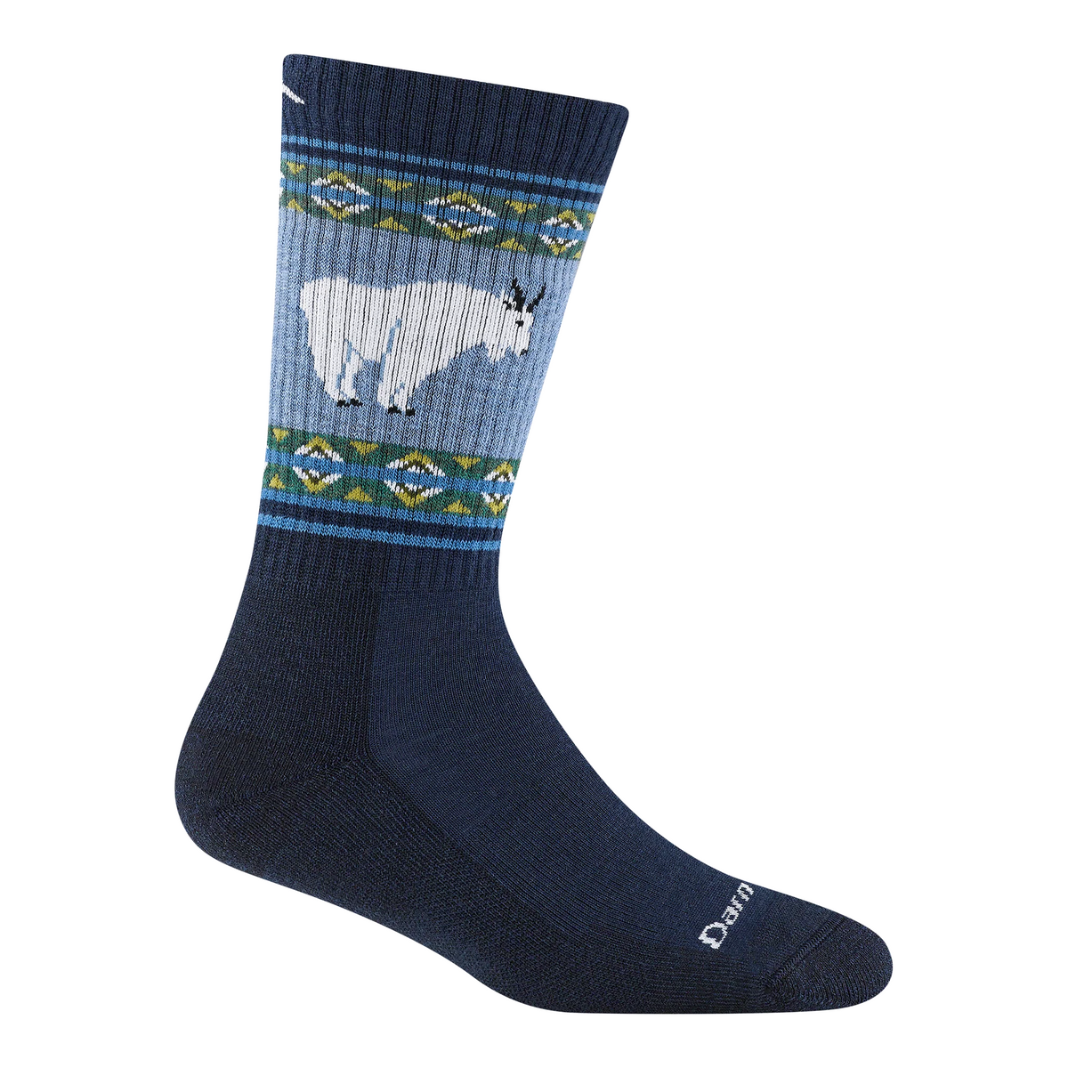 Forager Provisions LTD Darn Tough blue Merino wool hiking socks featuring a mountain goat motif and midweight cushion