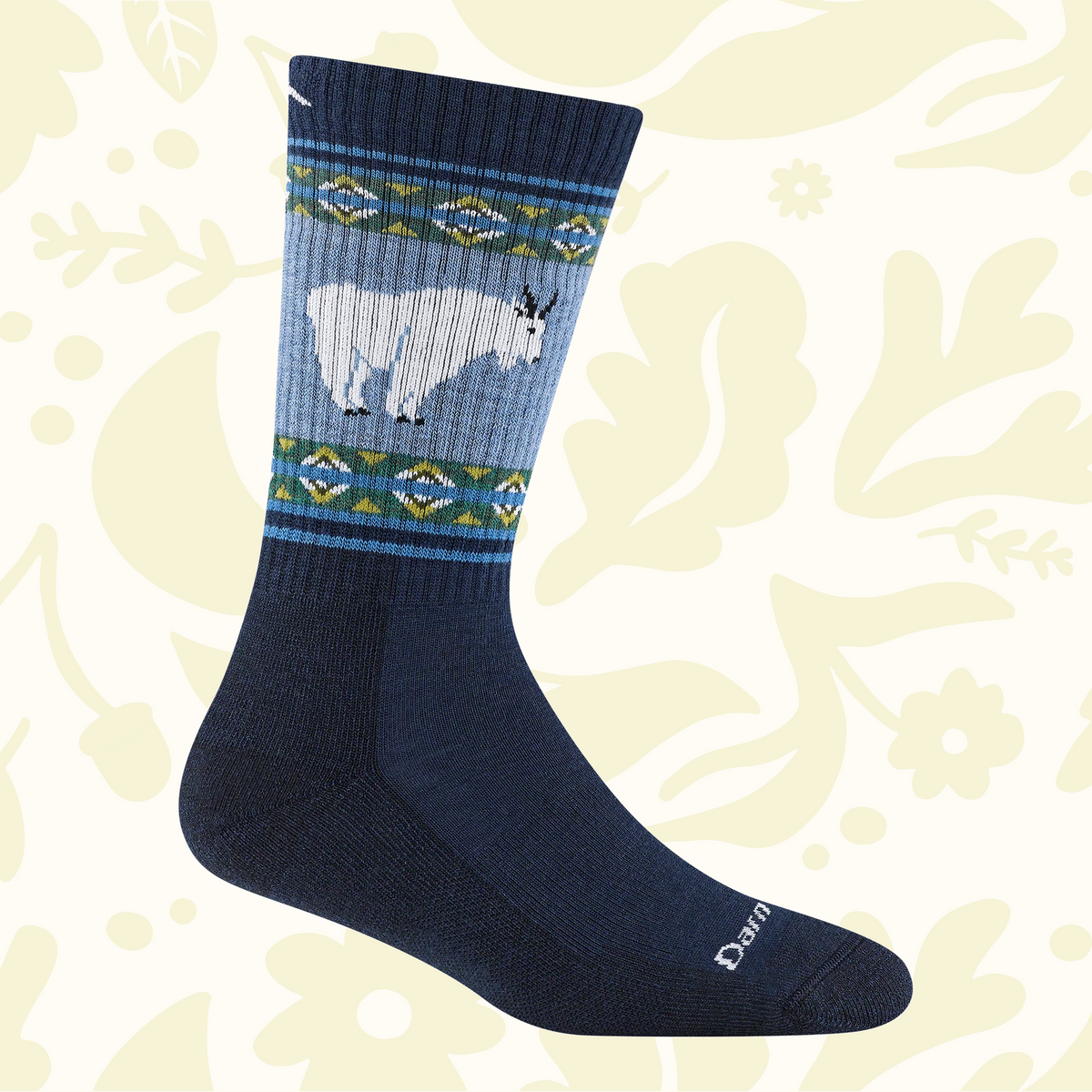 Forager Provisions LTD Darn Tough blue merino wool hiking socks with mountain goat motif and midweight cushioning