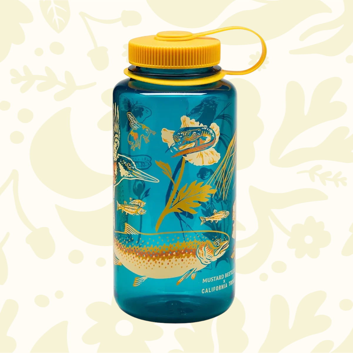 Forager Provisions LTD 32oz blue Nalgene water bottle with yellow cap and Malibu Creek wildlife illustration