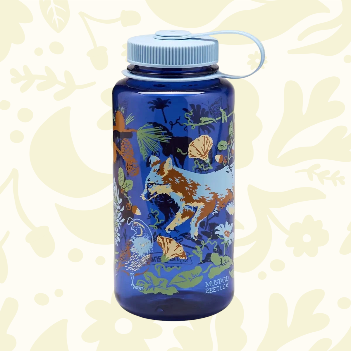 Forager Provisions LTD 32oz blue Nalgene water bottle featuring Mustard Beetle Channel Islands nature-inspired artwork