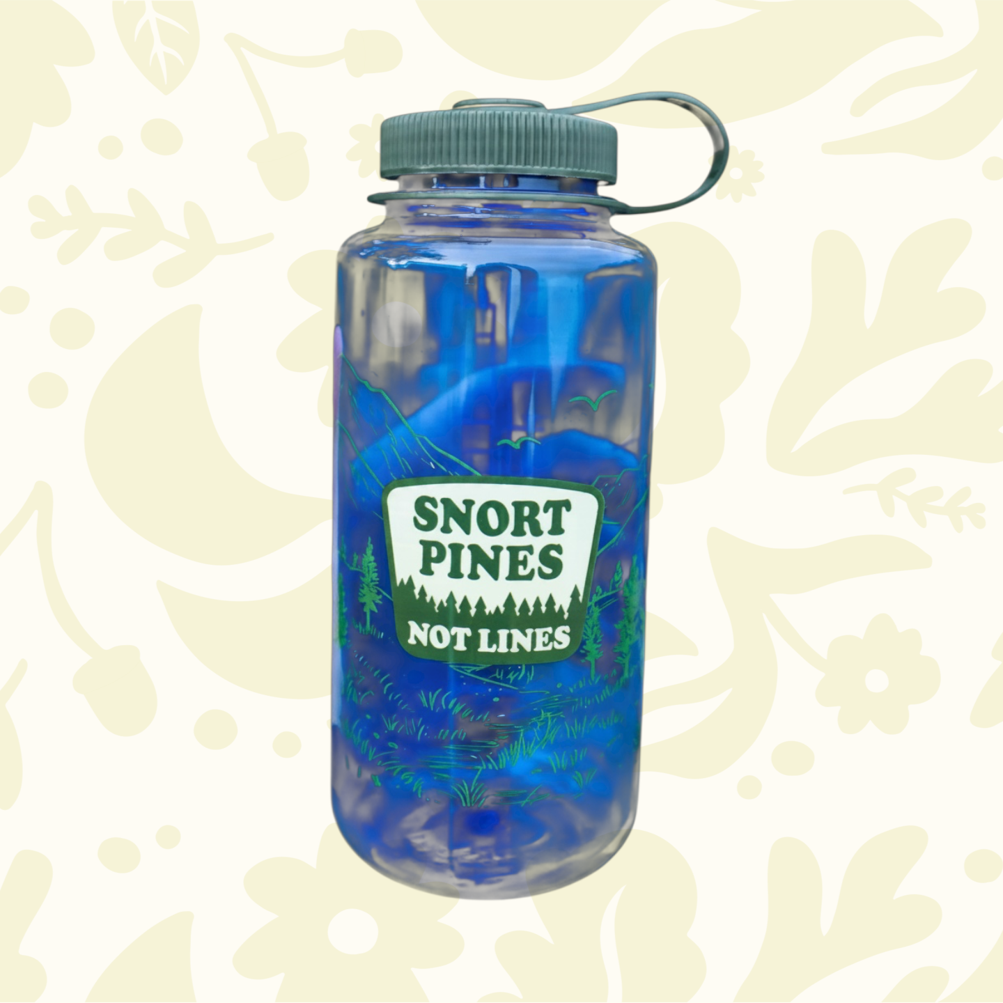 Forager Provisions LTD blue 32oz Nalgene water bottle with Snort Pines Not Lines graphic and green screw-top lid.
