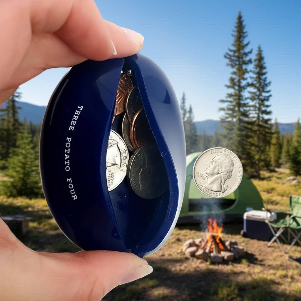 Forager Provisions LTD Three Potato Four blue rubber snap coin pouch held in hand with camping scene background
