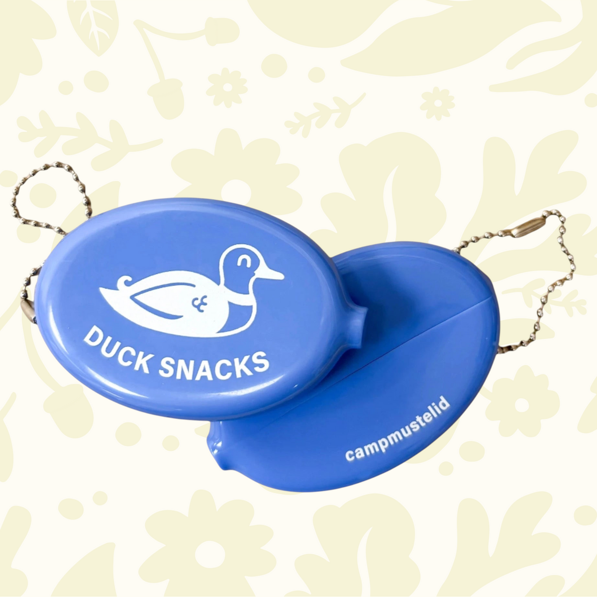Forager Provisions LTD Camp Mustelid blue rubber coin wallet with Duck Snacks print and metal ball chain attachment