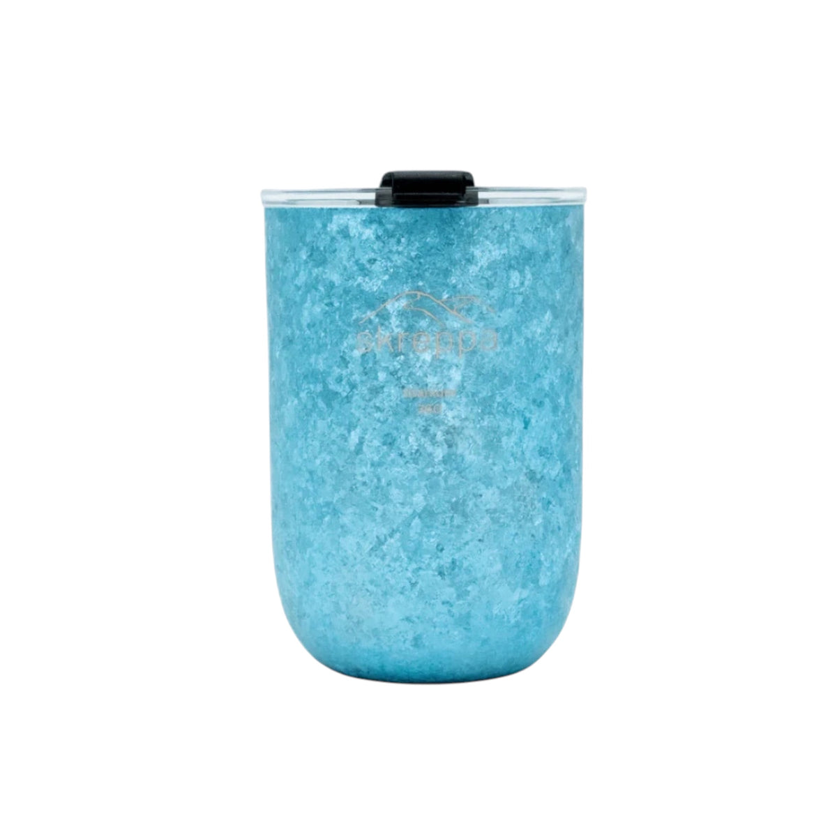Skreppa 350ml titanium tumbler, light blue, double-wall insulated, textured finish, clear lid with black sliding top.