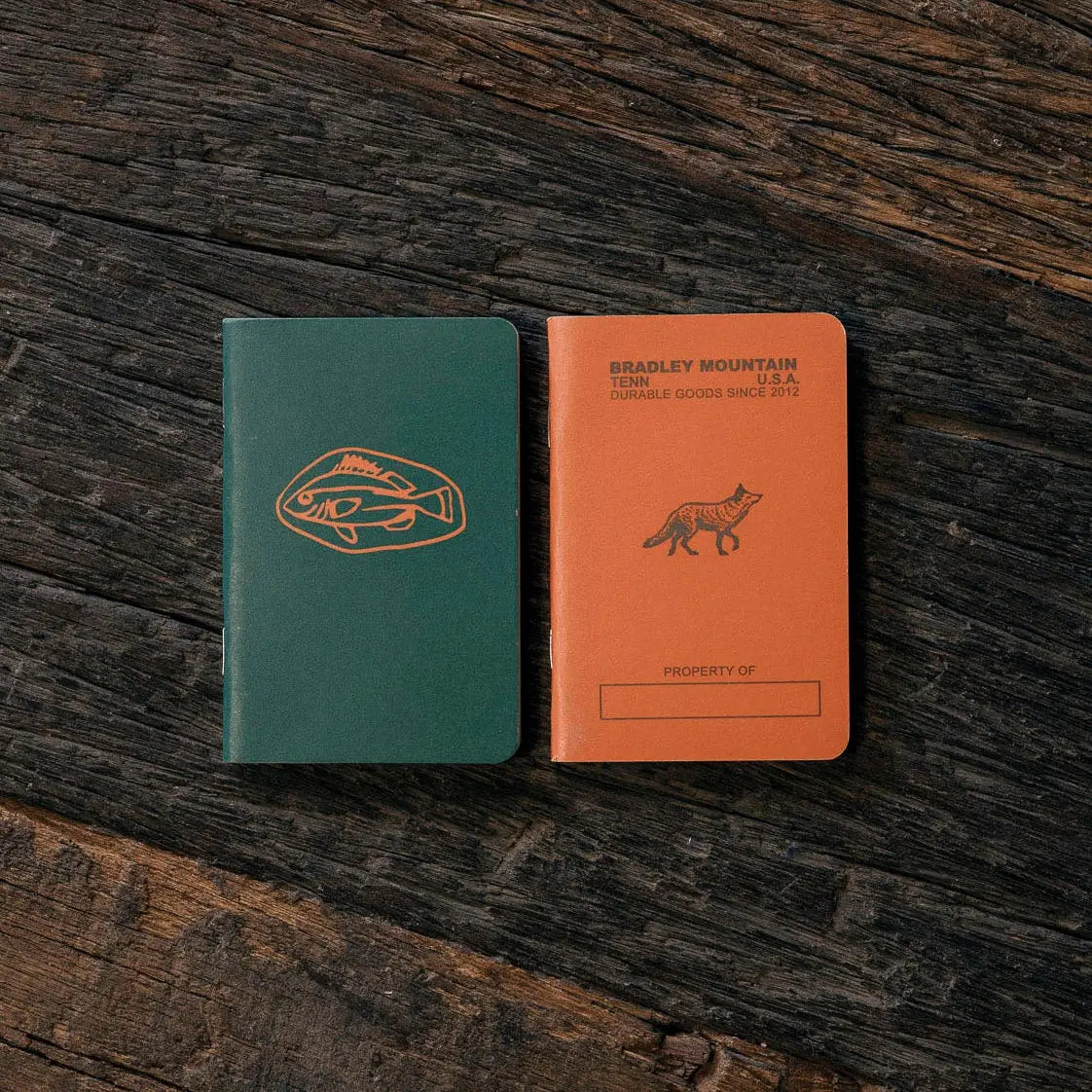 Forager Provisions LTD Bradley Mountain pocket journals in orange and green with outdoor-themed graphic covers.