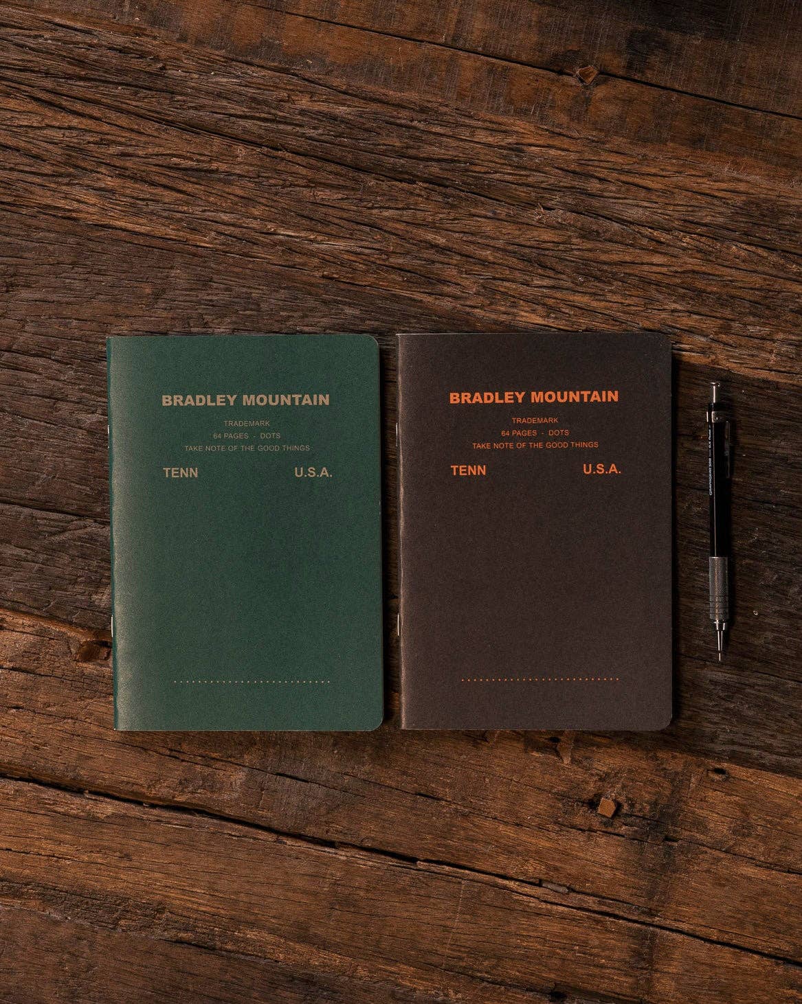 Forager Provisions LTD Bradley Mountain vintage-style large project journals in green and brown with a mechanical pencil