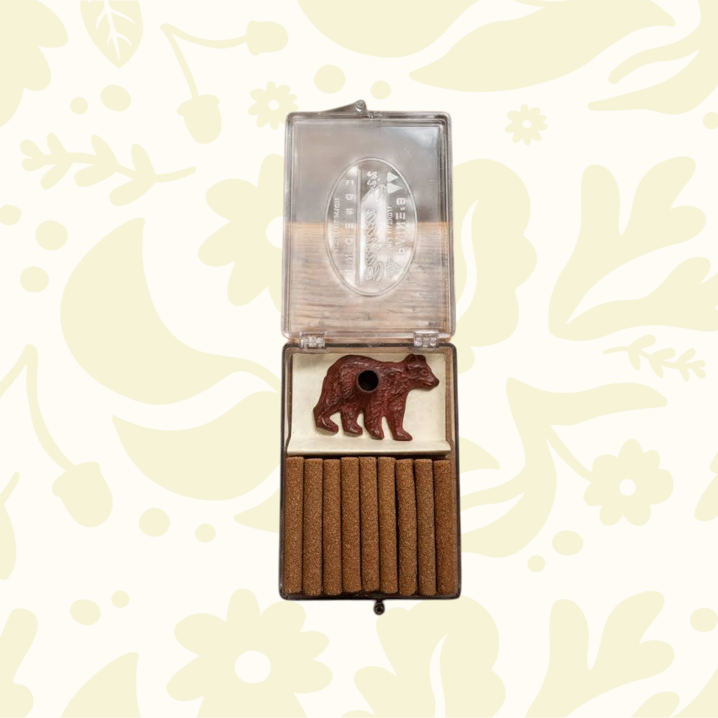 Forager Provisions LTD PAINES brass bear incense holder set with 18 balsam fir logs in a clear plastic case