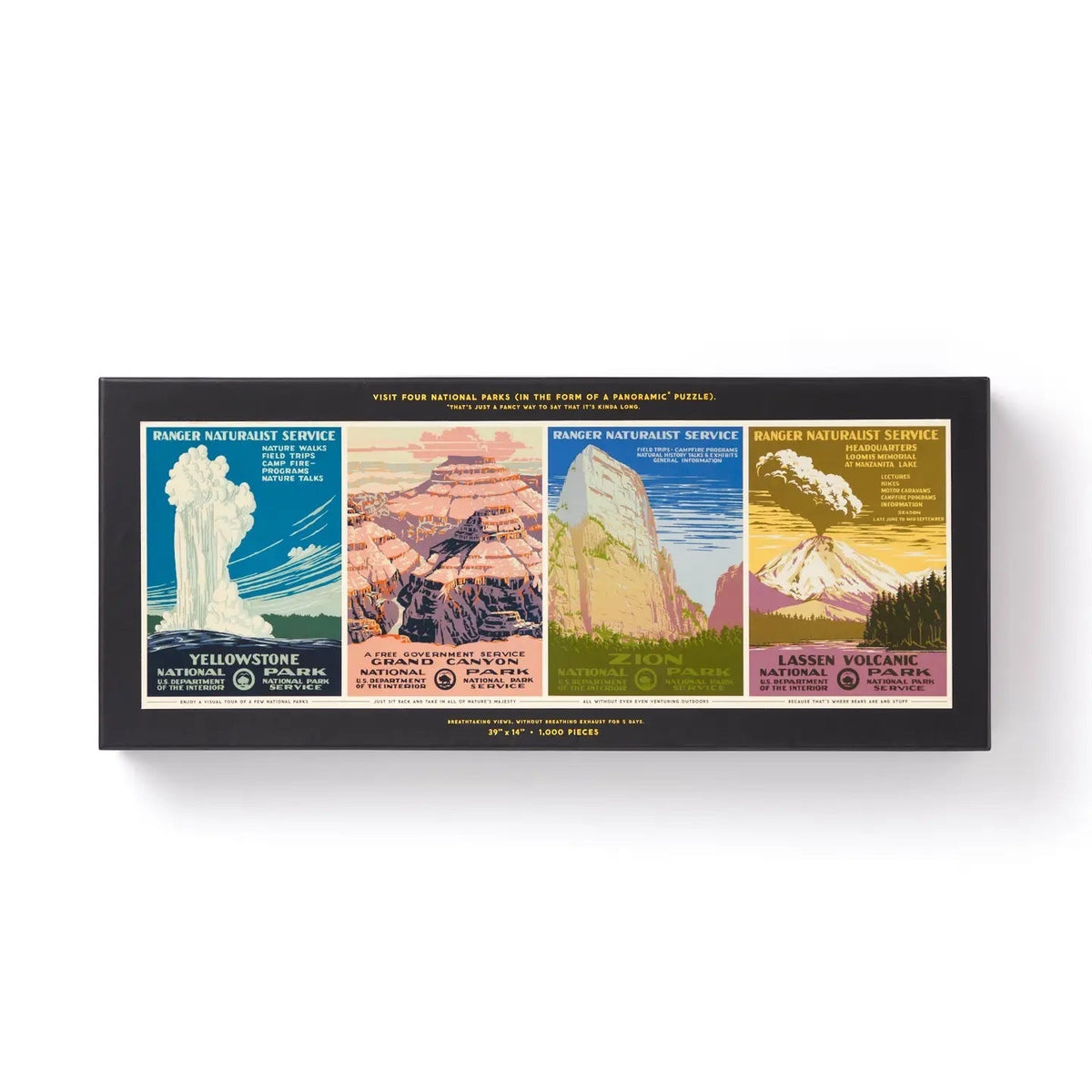 Forager Provisions LTD Brass Monkey panoramic 1,000 piece puzzle featuring vintage-style US National Park illustrations.