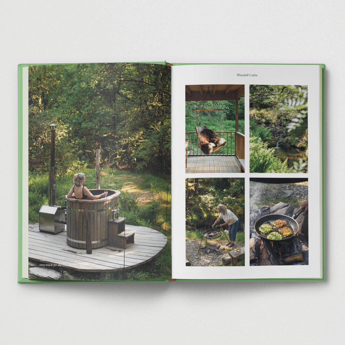 Forager Provisions LTD Hoxton Mini Press book showing photos of a wooden hot tub and cabin life in the British woods