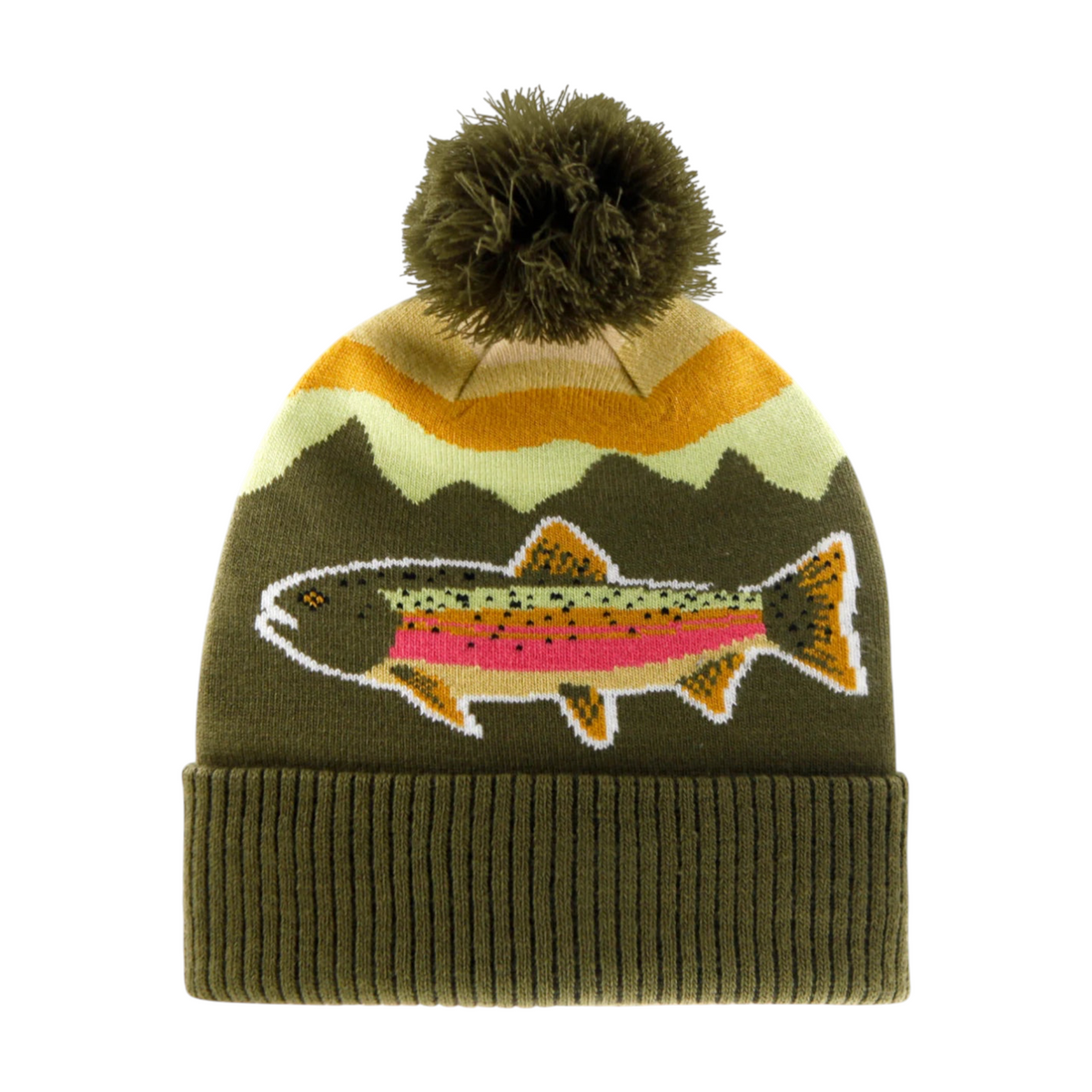Forager Provisions LTD olive green knit beanie with a brook trout motif, mountain pattern, and a matching pompom.