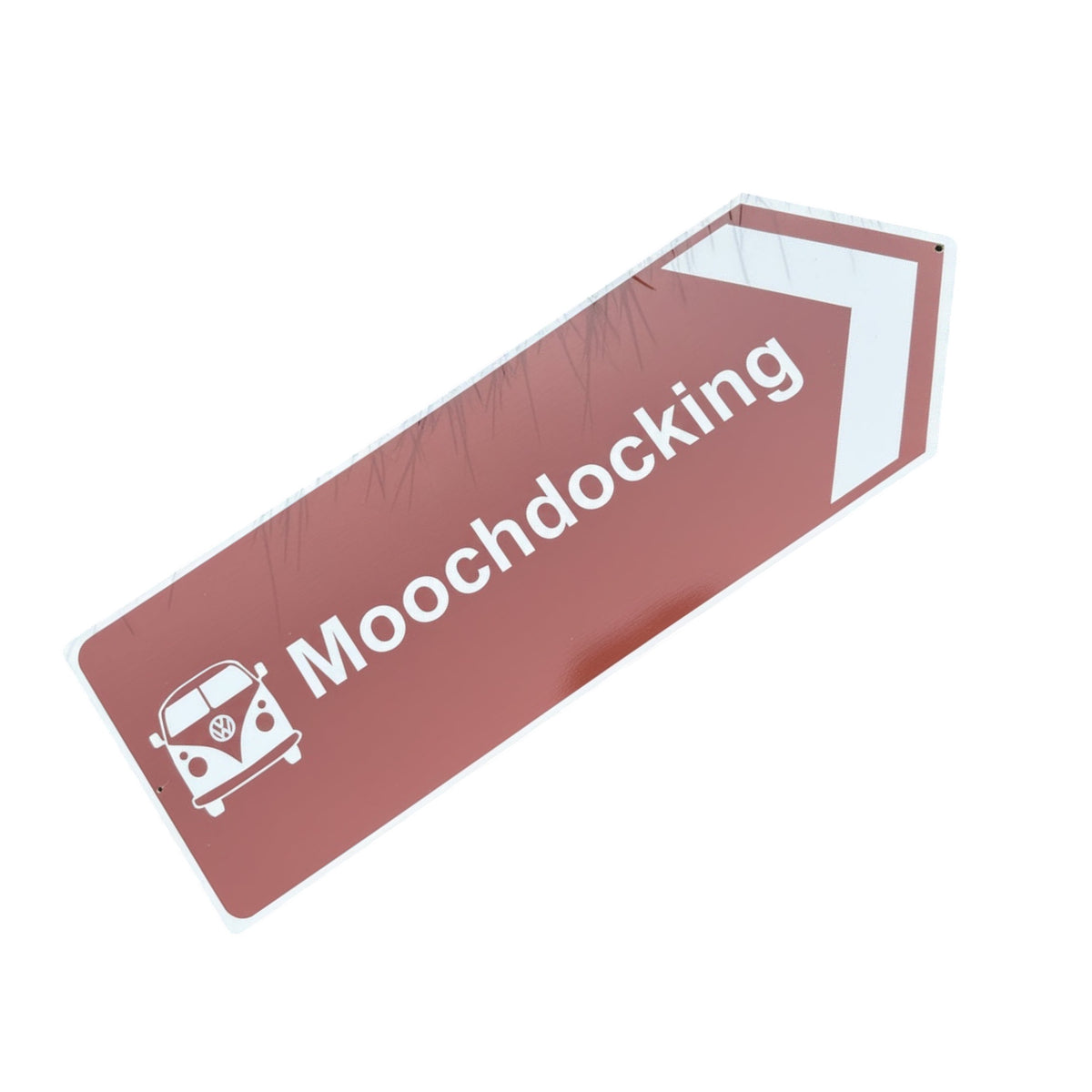 Forager Provisions LTD brown aluminium directional arrow sign with campervan icon and Moochdocking text