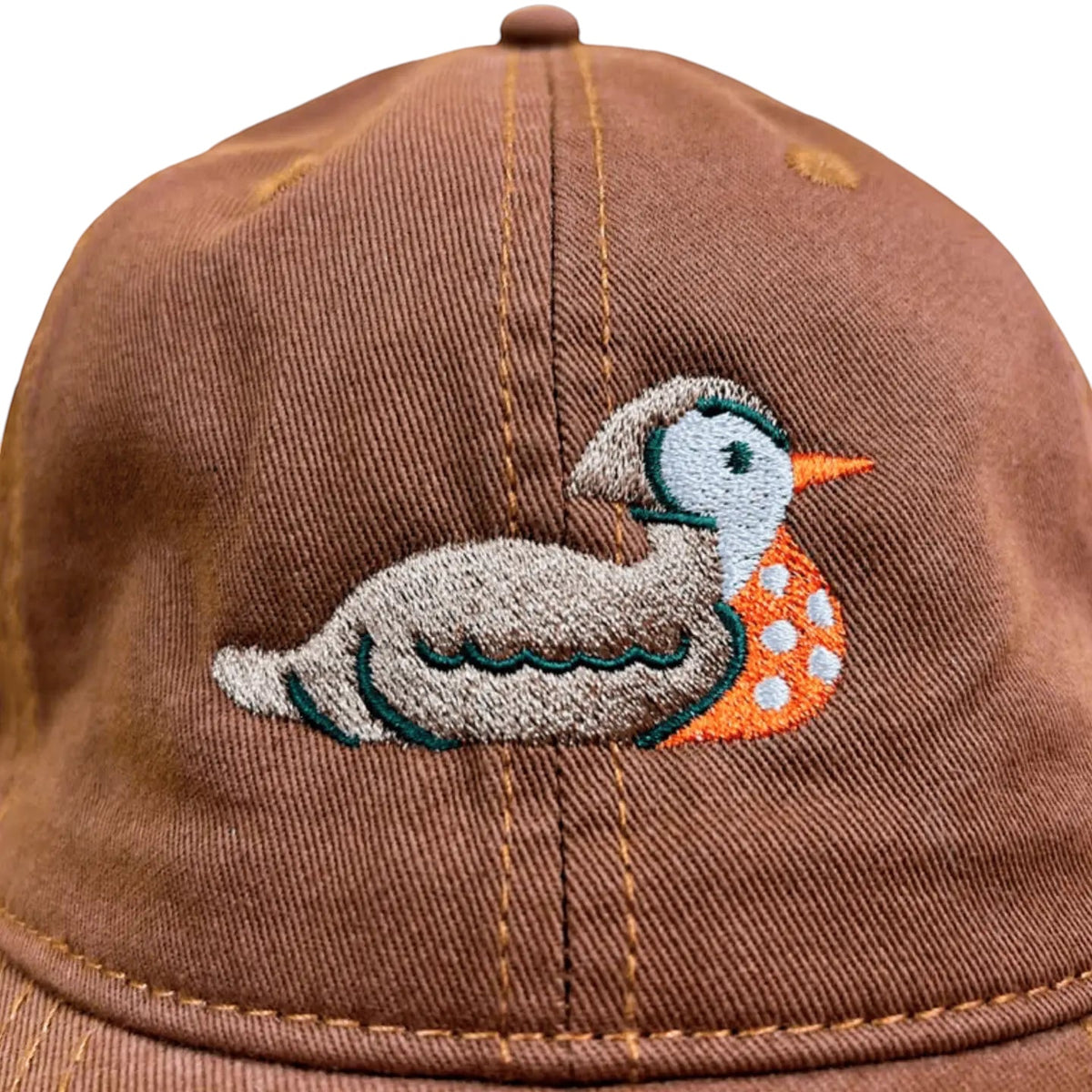 Forager Provisions LTD brown cotton ball cap featuring a detailed, playful embroidered duck design on the front.
