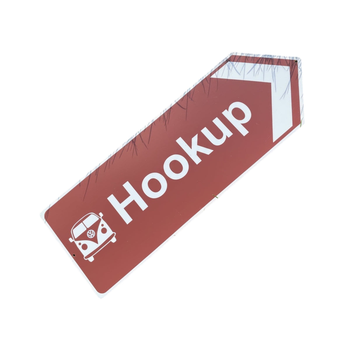 Forager Provisions LTD brown aluminium directional arrow sign for campervan hook-up points with white van icon