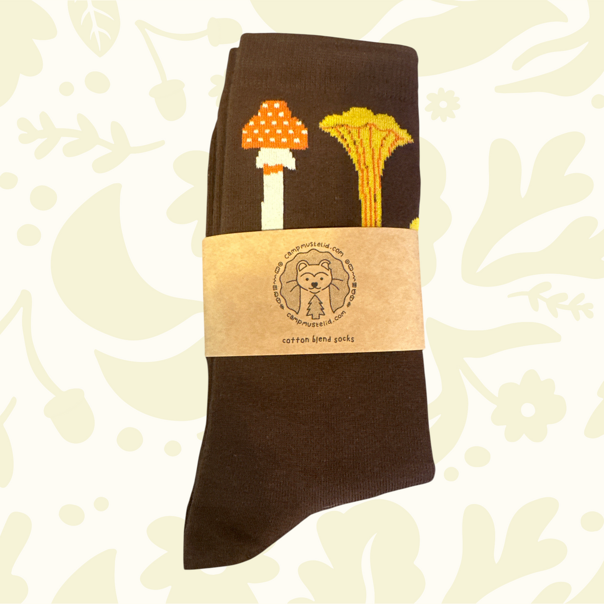 Forager Provisions LTD Camp Mustelid brown cotton socks featuring colourful autumnal mushroom patterns.