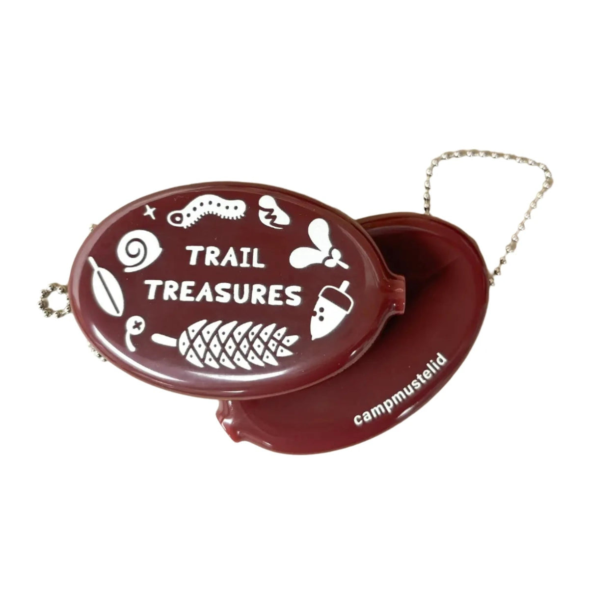 Forager Provisions LTD Camp Mustelid brown rubber snap-top wallet featuring Trail Treasures nature-themed graphics.