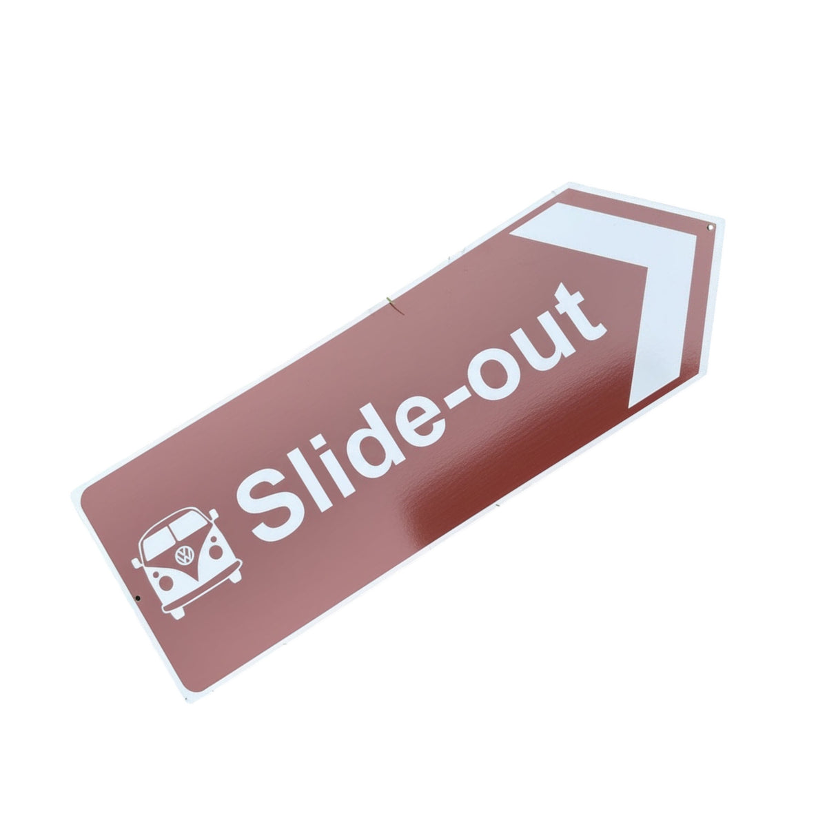 Forager Provisions LTD brown aluminium directional arrow sign for campervan slide-outs with a white VW bus icon