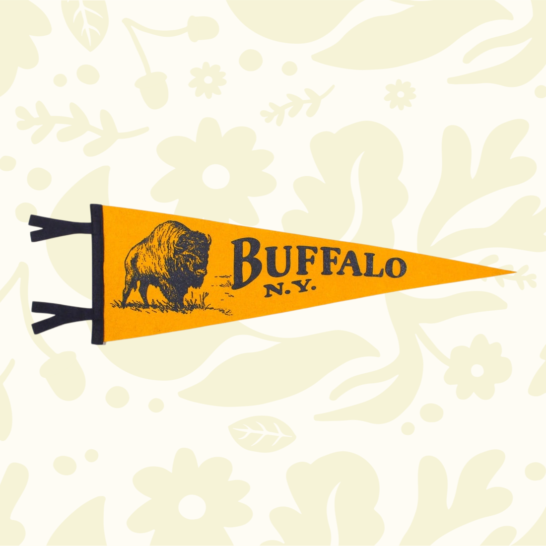 Forager Provisions LTD yellow and navy wool felt pennant featuring a vintage Buffalo, NY illustration.