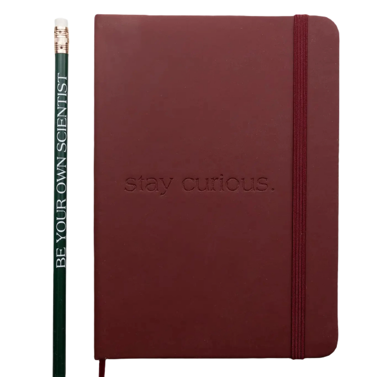 Forager Provisions LTD burgundy hardcover journal with Stay Curious debossed cover and matching green pencil