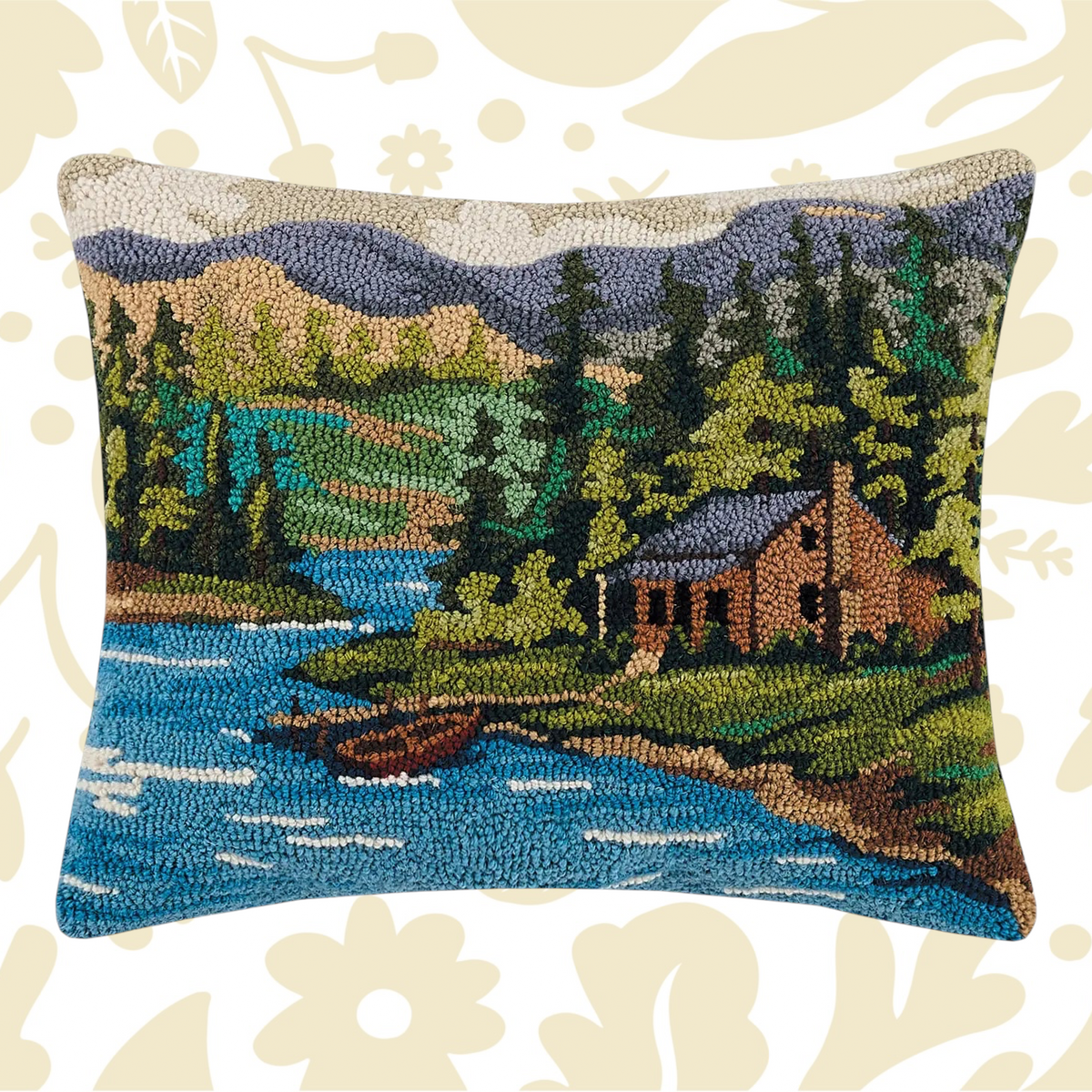 Forager Provisions LTD Peking Handicraft wool hook cushion featuring a scenic cabin by the lake in vibrant colors.
