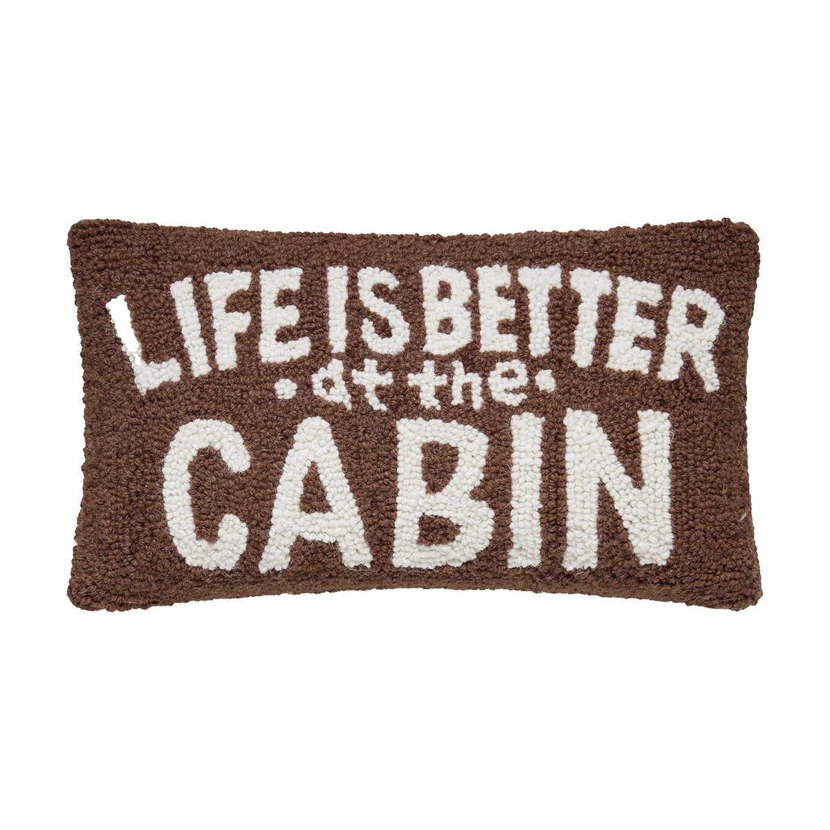 Forager Provisions LTD brown wool hooked throw pillow with white text reading Life is better at the cabin
