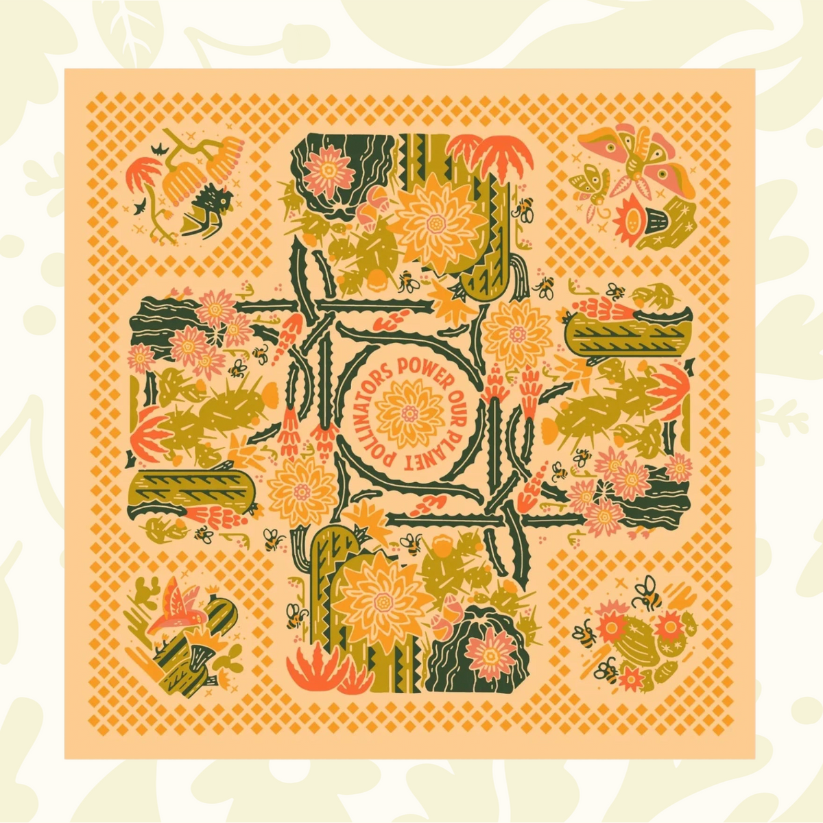 Forager Provisions LTD Bandits Bandanas organic cotton bandana with a yellow, green, and orange cactus desert print.