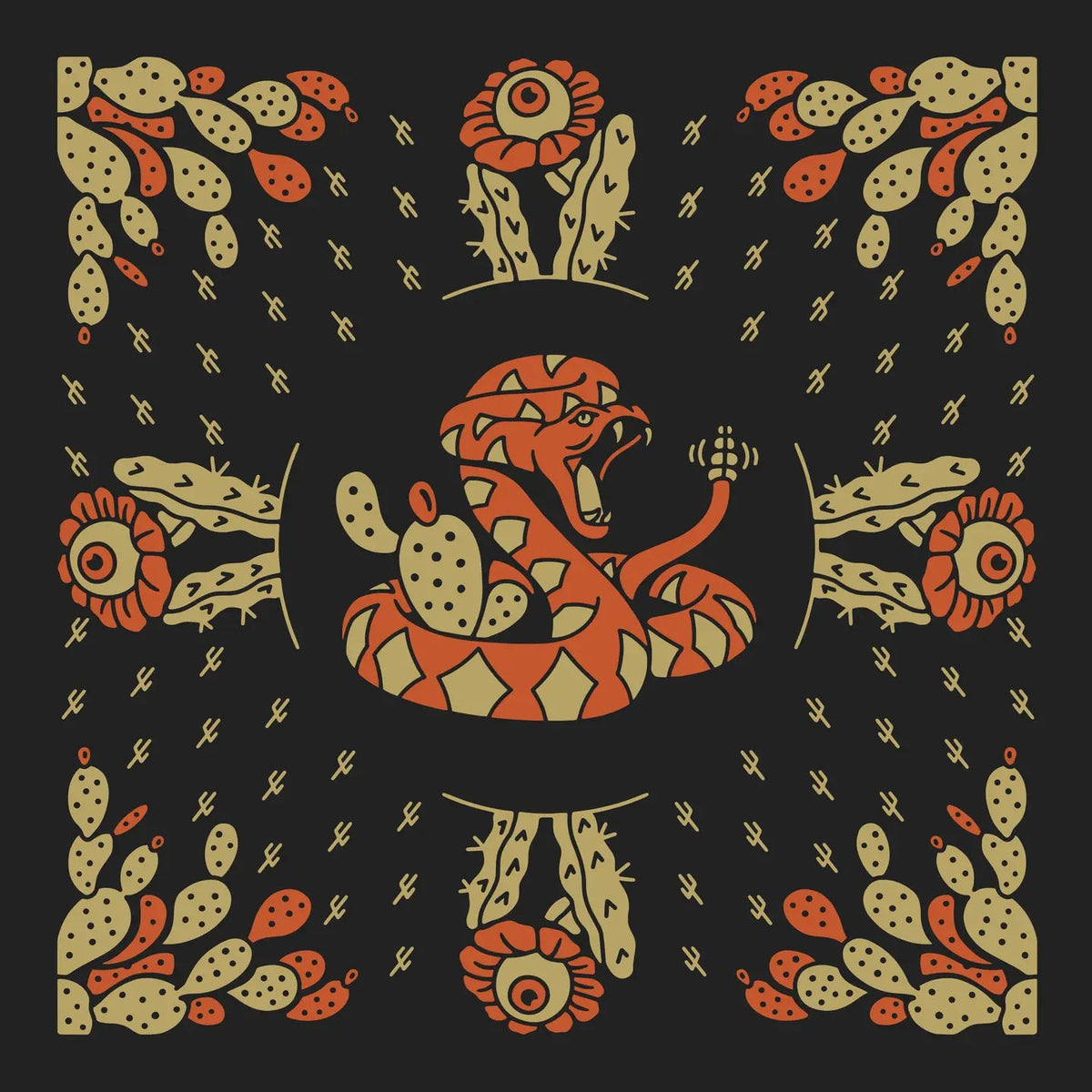 Forager Provisions LTD Cactus Dream organic cotton bandana featuring a desert snake and cactus print in orange and tan.
