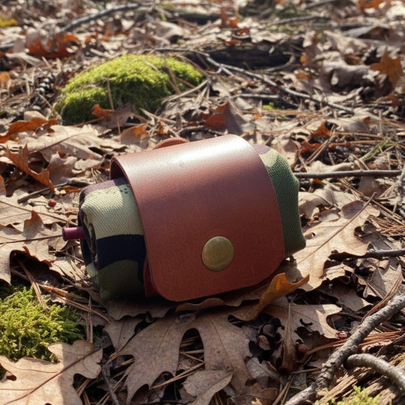 Forager Provisions LTD Kjøtt Supply Co camo forage pouch with a brown leather popper closure on a forest floor.