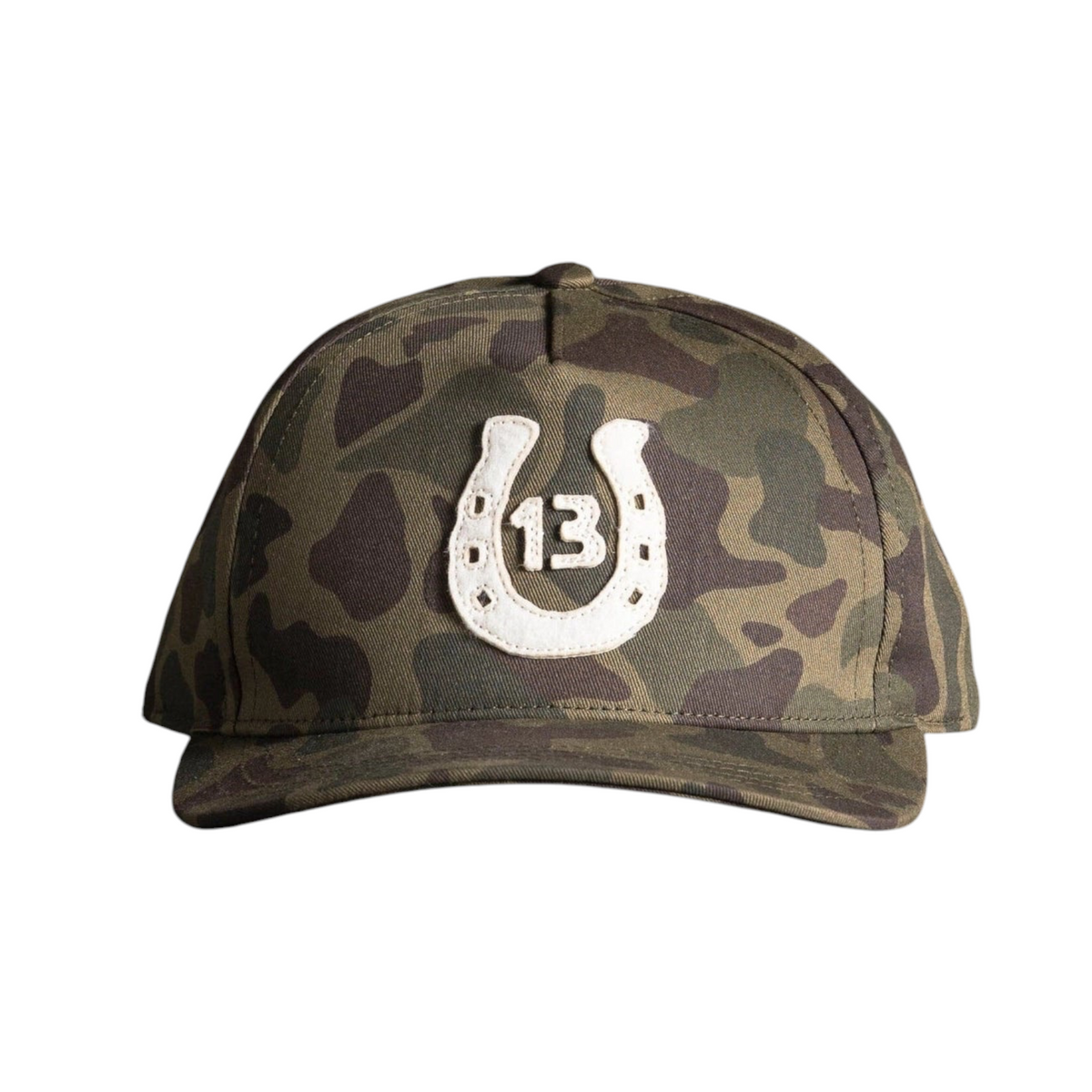 Forager Provisions LTD Bradley Mountain 13th Anniversary camo cotton twill cap with a white horseshoe 13 patch