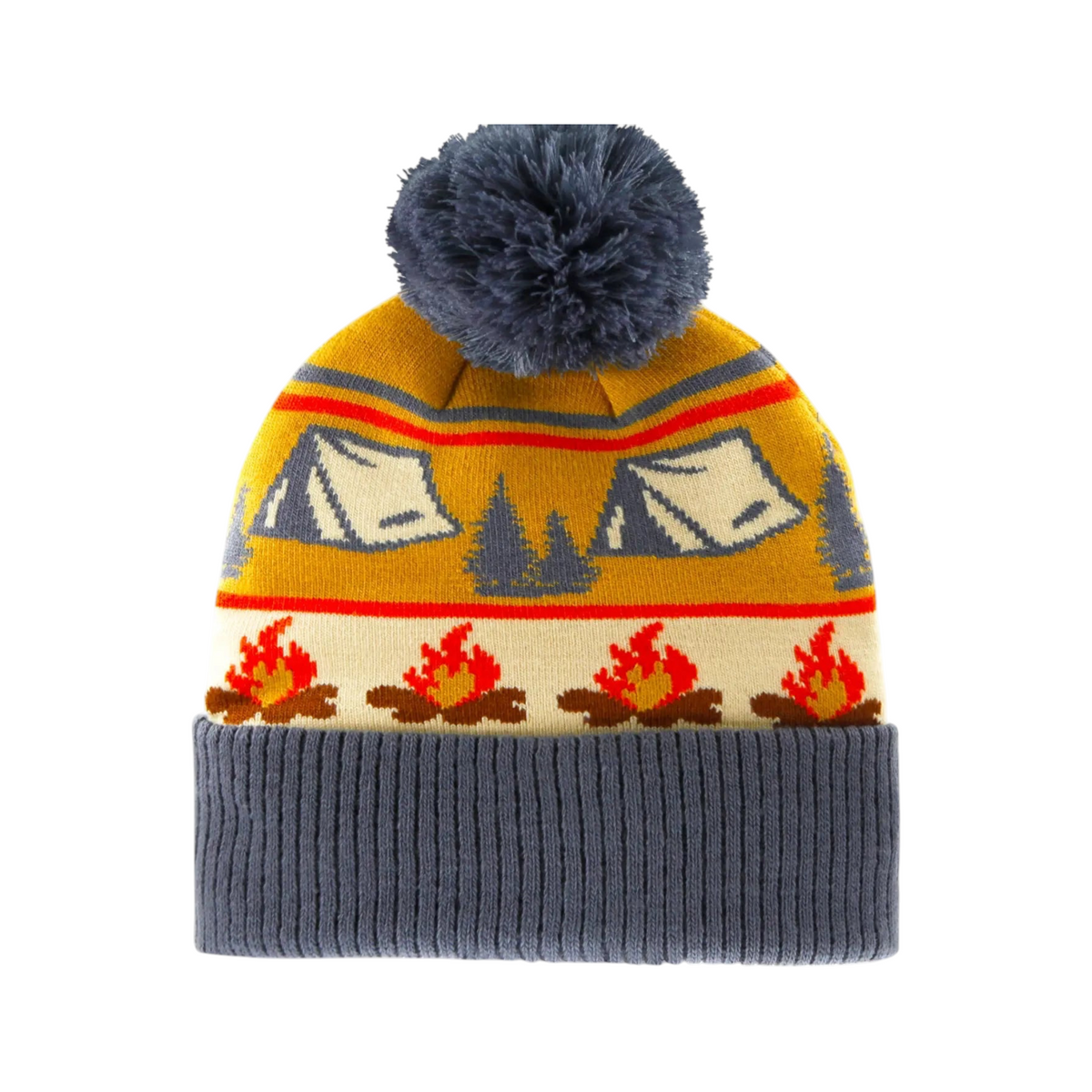 Forager Provisions LTD Camp Life pompom beanie featuring a yellow and cream knit pattern with tents and campfires.
