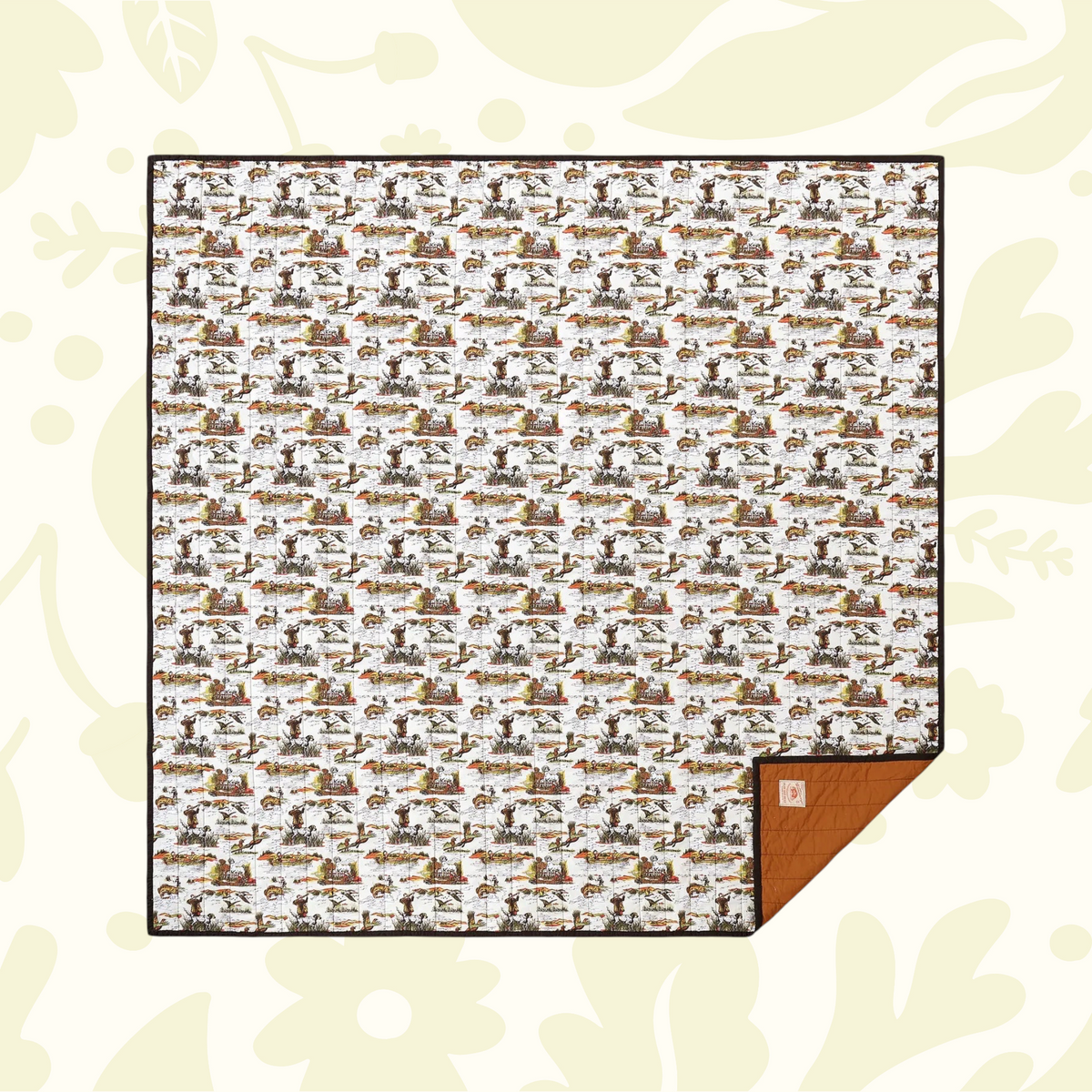 Forager Provisions LTD Camp Wandawega cotton twin quilt featuring a vintage sportsmen print with a brown reverse side.